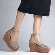 Women's Open Toe Textured Fabric Wedge Heel Sandals
